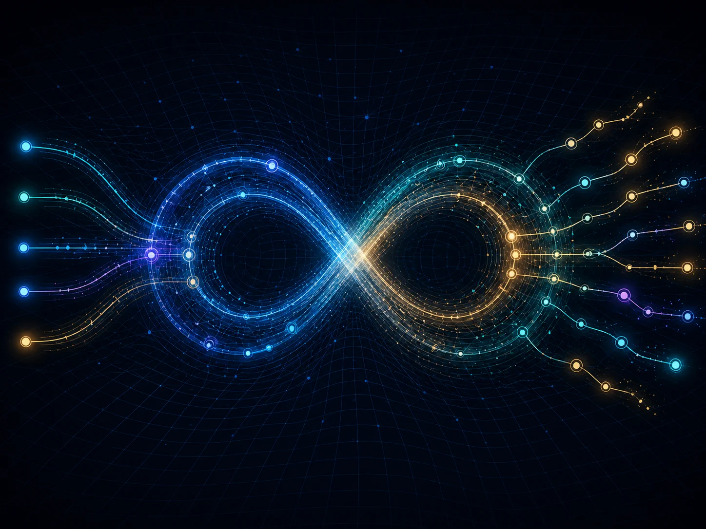 An abstract expanding capability network: connected blue, cyan, gold, and violet nodes curve around an infinity-shaped crossing on a subtle grid.